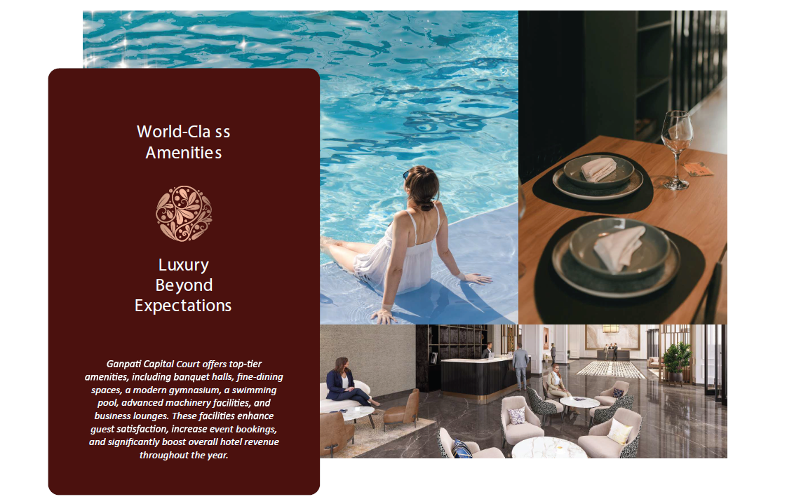 World-class amenities at Ganpati Capital Court — pool, dining, lobby, and business facilities